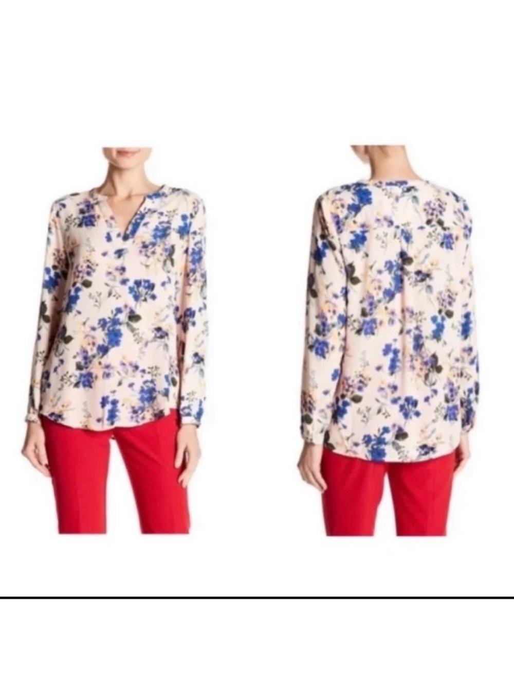 Adrianna Papell Split Neck Long Sleeve Floral Georgette Blouse Size Large